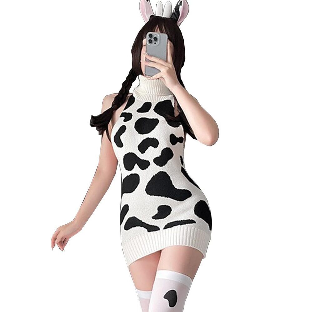 9985 Virgin Killer Sweater Sexy Cow Lingerie Set Turtleneck Backless Cow